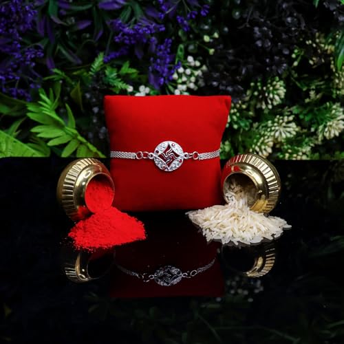 Image of Oblivion Floral and Swastik Chain Rakhi Set of 2 for Brother with Silver Colour Pooja Coin, Tilak Set and Greeting Card for Raksha Bandhan