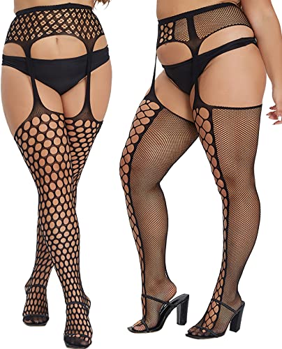 Image of MANZI Plus Size Thigh High Stockings Womens Suspender Garter Patterned Fishnet Tights