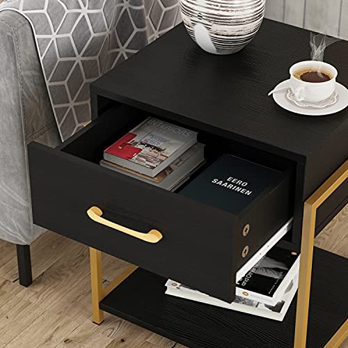 Homsee Bedroom Nightstands With Metal Leg, 1 Drawer And 1 Open Shelf Side Table End Table For Bedroom, Living Room (Black - Set Of 2) #TOP5