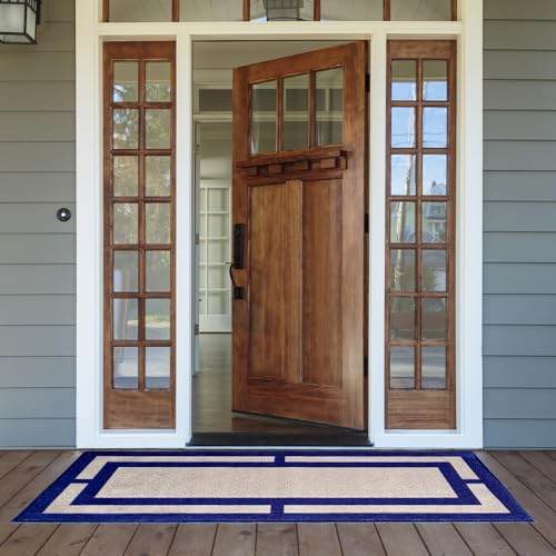 Image of Matz&More Geometric Border Runner Mat | 50x120 CM | Beige Navy | Nylon Tufted Gel Baking Anti-Slip | Doormat for Home Entrance, Kitchen & Bedroom