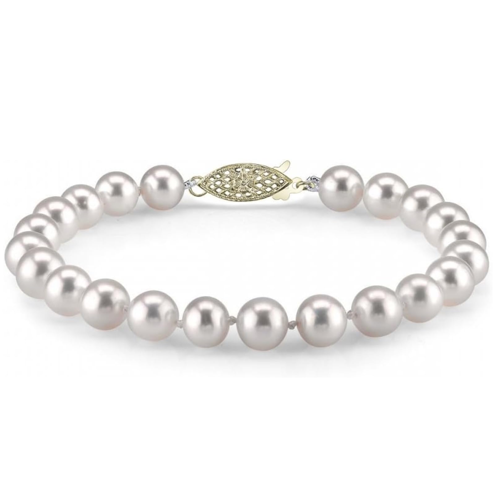The Pearl Source White Freshwater Pearl Bracelet for Women - Cultured Pearl Bracelet with 14k Gold Plated Clasp with Genuine Cultured Pearls, 7.0-