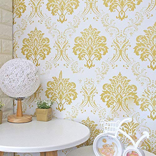 Image of Damask Design Wallpaper | Elegant and Timeless Wall Decor with Textured Finish | Peel-and-Stick and Traditional Options for Living Rooms, Offices, and Accent Walls (Gold-800 x 45 cm -36 sqft)