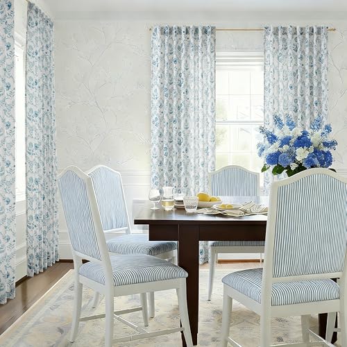 Image of Blue Floral Curtains 90 Inch Length Back Tab for Living Room 2 Panels Set | Light Filtering, Linen Curtains, Blue Flower, Plant Pattern, Print on White, Aesthetic, Coastal Style, Vintage, Cottagecore