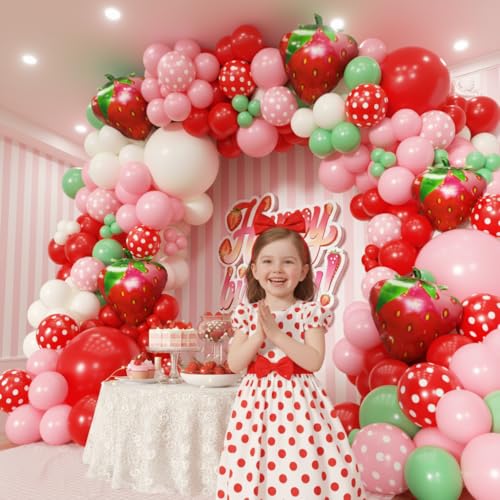 Image of Strawberry Balloons Garland Arch Kit 163pcs, Red and Pink Green Balloons for Sweet Girl Berry First Birthday Themed Baby Shower Valentine's Day Strawberry Party Decorations
