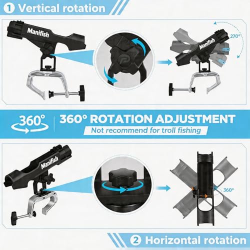 2 Pack Fishing Rod Holders for Kayak & Boat, 360° Swivel Clamp Rod Holder with Enlarged Base, Fits Round Square Tubes, Jon Boat, Canoe, Fishing Accessories — view 5