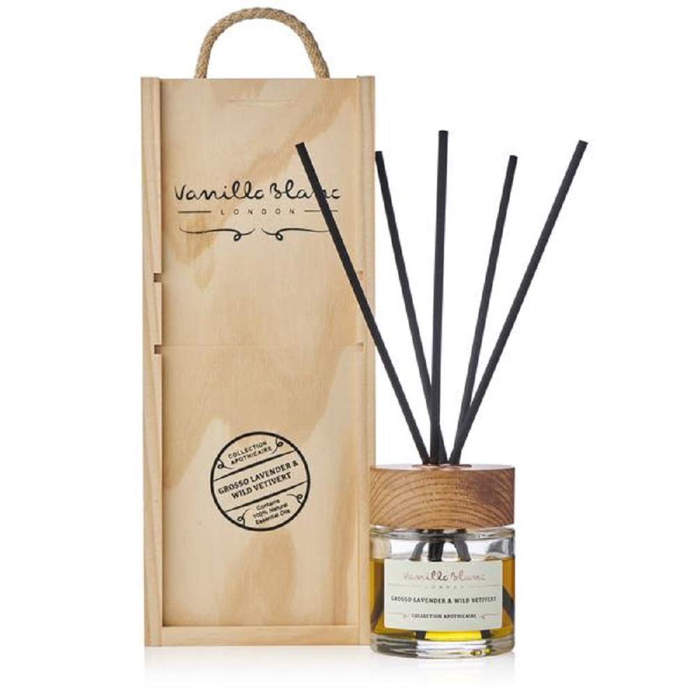 Diffuseur de roseaux naturel emballé dans une boîte-cadeau en bois fabriquée à la main - Grosso Lavender & Wild Vetivert