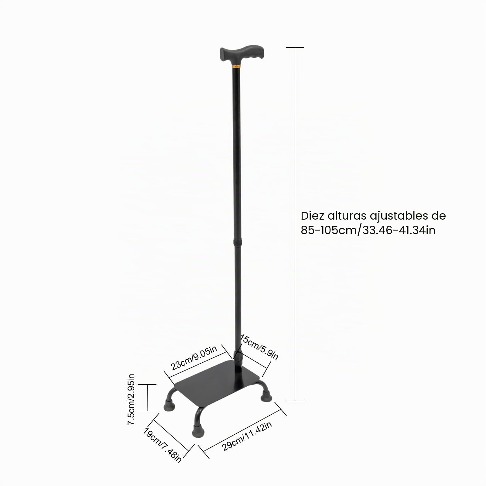Bastón auxiliar para subir escaleras con altura de pedal, bastón de 4 puntos con altura ajustable (29x19x85-105cm), ayuda para caminar de aluminio antideslizante para personas mayores y escaleras