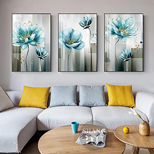 Affiches sur toile décoration salon bleu doré triptyque 40x60