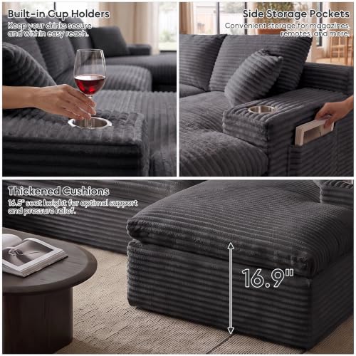 Image of 120 inch Modular Sectional Sofa, U-Shape Boneless Couch, Dark Grey