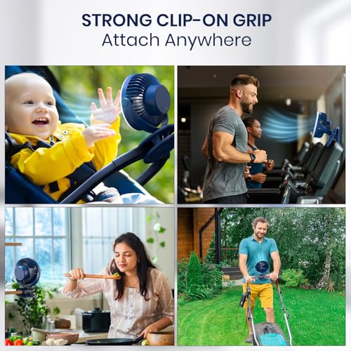 Image of Portronics ClipCool Portable Rechargeable Clip-On Fan with Ring LED Light, Type-C Charging, 360 Rotation, 3 Speed Modes Up to 3000 RPM, BLDC Motor, Up to 4 Hour Playtime, for Home,Car & Office, Blue