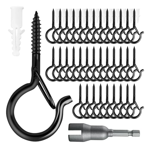 HANHOST 36 PCS Q - Hanger, Screw Hooks with Safety Buckle Design,Screw Hooks for Outdoor String Lights,Easy to Release, Include 1 Wing Nut Driver (36 PCS)
