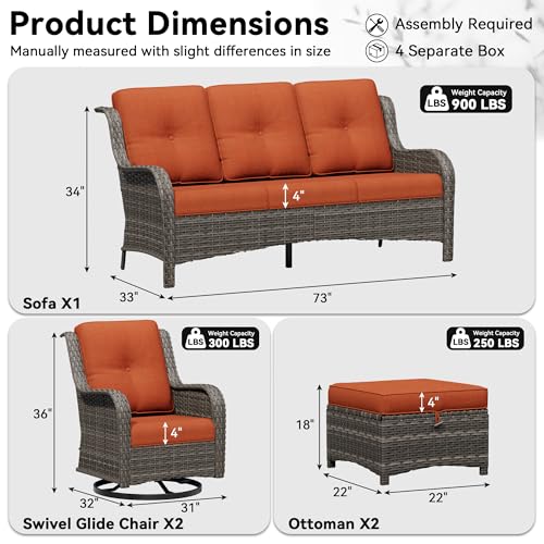 Image of 5 Piece Outdoor Wicker Patio Furniture Set, Outdoor Swivel Rocker Patio Chairs Set with Thickened Olefin Cushions, High Back and Deep Seating, Hand-Woven PE Rattan for Porch, Deck