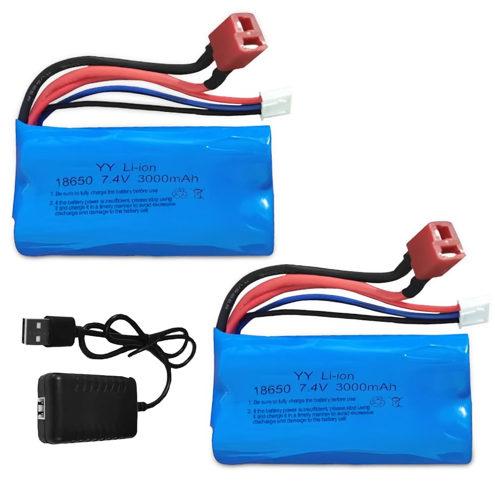 Batteria Agli Ioni di Litio, 2 Pezzi Batteria Agli Ioni di Litio 7.4V 3000 mAh, Batterie Ricaricabili con Spina Deans T, Lipo 2s con 1 Caricabatterie per Veicoli RC, Carri armati, Auto, Robot