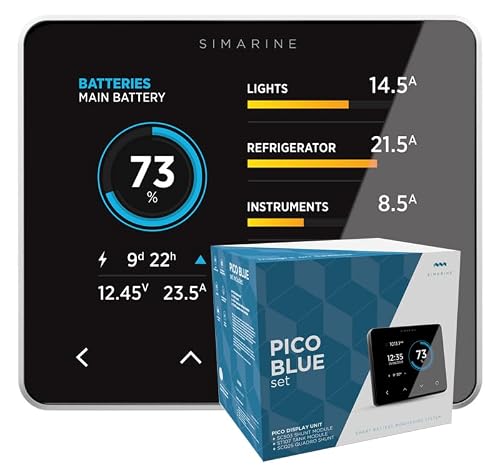 Simarine Pico Blue Battery Monitor System Set, Multi-Voltage, Lead Acid & Lithium Battery Compatible, Tank Monitoring, Shunt 500 A, Load & Solar Monitoring, 2 Alarm Signal Relays (Bezel, Silver)
