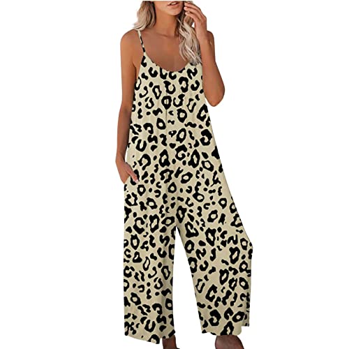 Mono largo Boho para mujer, mono largo para verano, informal, cuello de pico, elegante, suelto, sin mangas, de una sola pieza, con bolsillos, estampado de playa, pantalones de verano, marrón, XXL