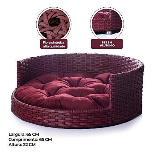 Cama Cachorro/Gato Médio Fibra Sintética Redonda 65x65Cm Artesanal Throne Veludo Vinho - BedFurPets