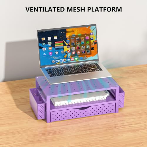 Image of WALI Desk Organizer with Drawer and Pen Holder, 3 Tier Computer Monitor Stand for Home Office Supplies, Laptop Stand Riser for Computer, Laptop, Printer(PTT004-V), 1 Pack, Purple