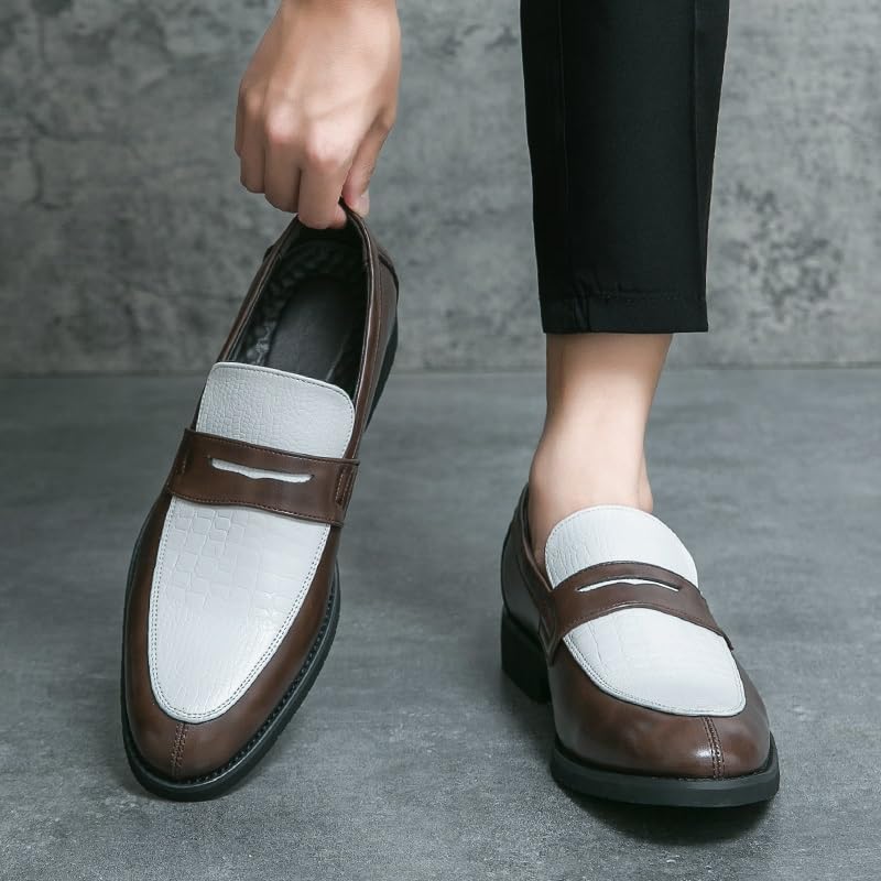 Dress Shoes for Men Slip On Round Toe PU Leather Two Tone Penny Loafers Block Heel Rubber Sole Slip Resistant Casual4