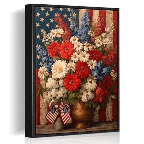 Image of American Flag Framed Canvas Wall Art, 4th of July Floral Canvas Prints, Wildflower Landscape Patriotic Decorations, Vintage Rustic Independence Day Wall Decor for Bedroom Living Room Office 20x24