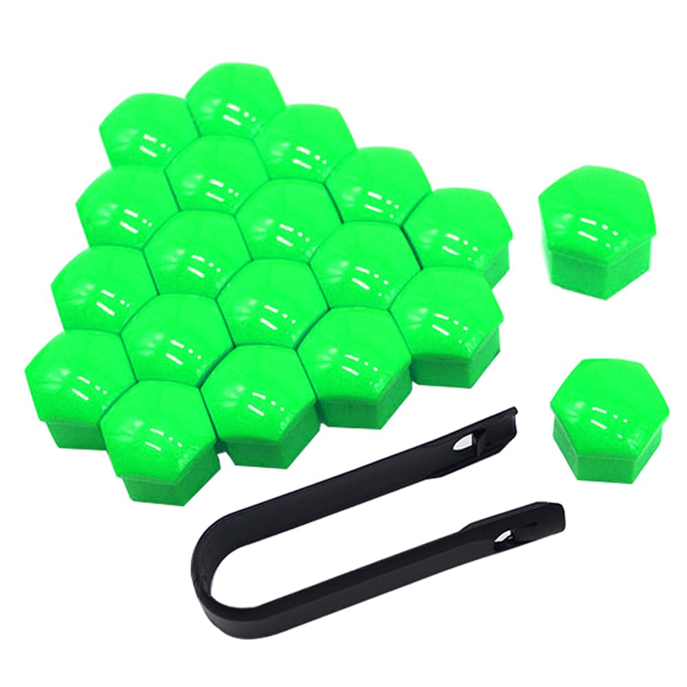 20 Pezzi 19 mm Auto Ruote Copridado, Tappo Dado Bullone Ruota, Tappo a Vite Mozzo Ruote Auto Universale, Coperchio Dado Pneumatico Esagonali con Strumento di Rimozione (Verde)