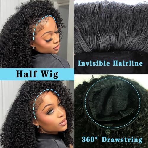 Image of Celiarita Curly Half Wig Human Hair 3 In 1 Seamless Flip Over Half Wigs Human Hair 200 Density Glueless Wear and Go Deep Wave Headband Wig Human Hair Drawstring Wigs for Black Women 16 Inch