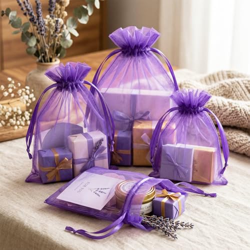 Image of FUNFERY 100Pcs Purple Organza Bags 4x6 in,Small Mesh Drawstring Gift Bag | Little Jewelry Bags for Wedding Party Favors, Mini Drawstring Pouch for Sachet, Candy, Goodie, Treat Bag for Easter Day
