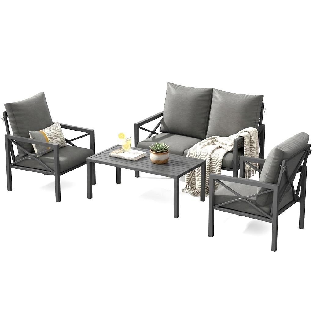 WENTUM 4 Piece Outdoor Patio Furniture Sets, Heavy Duty Metal Conversation Set with Thick Cushions, All-Weather Outside Sectional Sofa with Coffee Table for Backyard, Poolside, Grey