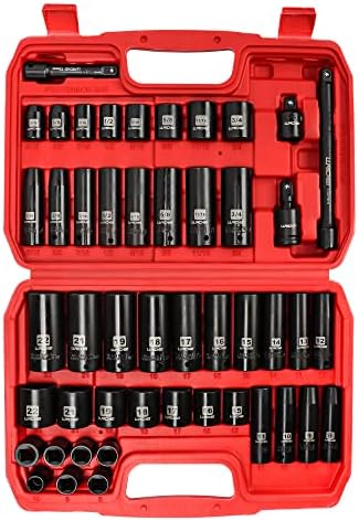 LLNDEI 3/8" Drive Impact Socket Set SAE and Metric (5/16"- 3/4", 8-22mm) 48pcs, CR-V Steel, 6 Point Sockets, Extension Bar (3-in, 6-in), 1/2"F to 3/8"M Reducer, 3/8" Universal Joint