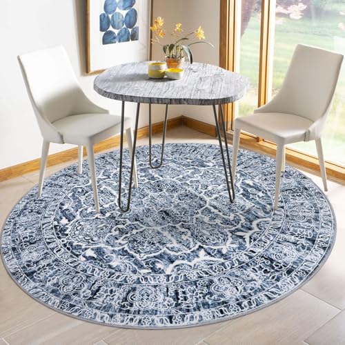 KUTA Vintage Round Rugs 5ft, Blue White Washable Circle Rug 5ft, Non-Slip Printed Floral Medallion Carpet for Living Room, Soft Cozy Dining Kitchen Throw for Entryway