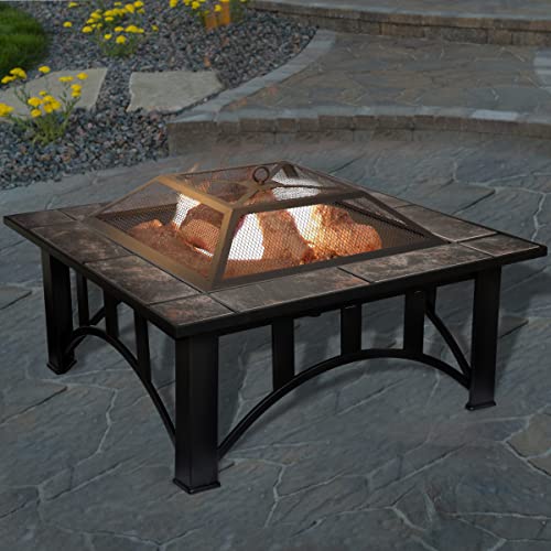 Fire Pit Set, Wood Burning Pit - Includes Screen, Cover And Log Poker - Great For Outdoor And Patio, 33 Inch Square Marble Tile Firepit By Pure Garden #TOP7