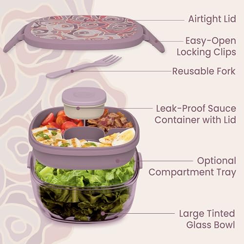Image of Bentgo Glass Prints Salad Container - 7.6-Cup Tinted Glass Salad Bowl with Airtight Lid, Leak-Proof Sauce Container, 4-Compartment Bento Meal Prep Tray & Reusable Fork (Floral Maximalist - Bouquet)