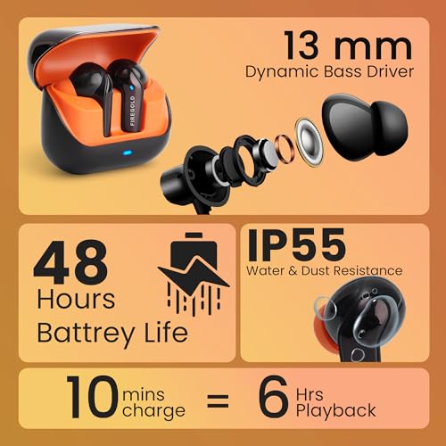 Image of FIREGOLD New Blastpods Wireless Earbuds with 4 Mic ENC, HD Sound Quality, 48 Hours Battery Backup (Black /Orange)