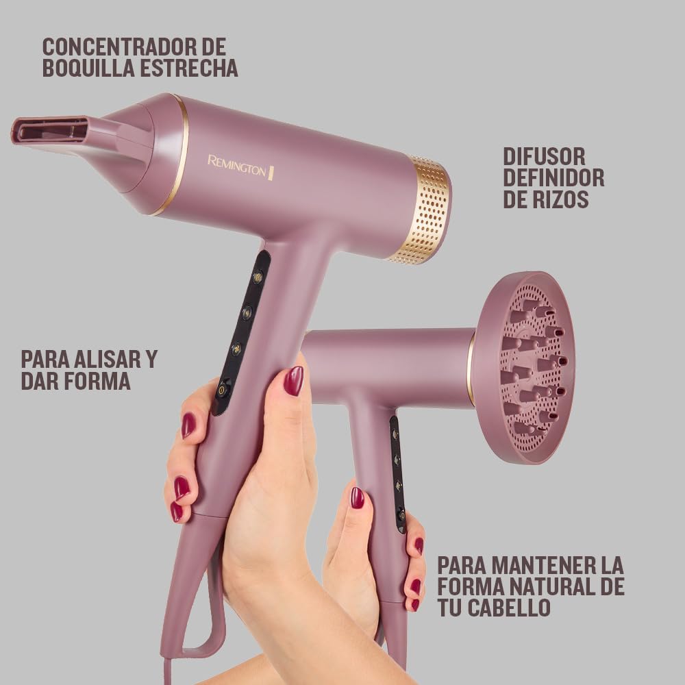 Remington secador AIRvive (motor brushless digital, iónico, silencioso, 240 km/h) difusor y concentrador (tecnología Ionic Air antiencrespamiento, 12 combinaciones de temperatura y velocidad) EC8930
