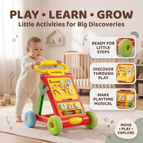 Image of Uonibaby Baby Push Walker, Musical Push Walker for 9 Months+, Toodler Walking Toy for 1 to 2 Years, Interactive Activity Panel with Gears, Shapes, Numbers & Beads, Sturdy Handle & Large Wheels
