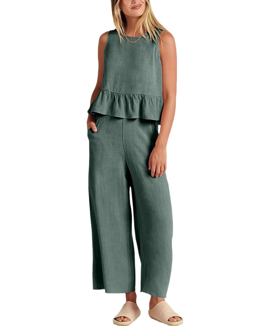 Tute Larghe Eleganti Da Donna Casual Con Gamba Larga Tute Nuove Donne Di Moda Canotta Senza Maniche Tasca Pantalone Volant