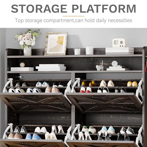 DWVO Dark Rustic Oak Farmhouse Storage Shoe Cabinet with 4-Tier Flip Shoe Storage Cabinet for 24 Pairs, Shoe Organizer with Metal Legs for Entryway, Living Room, Hallway