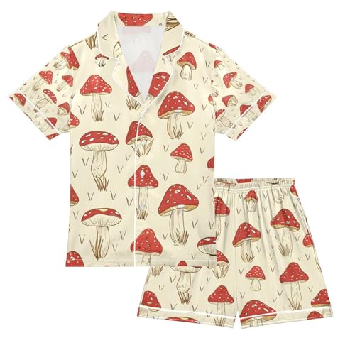 senya Red Mushroom and Grass Z Satin Summer Pajama Sets Silk Short Sleeve Button Down Sleepwear