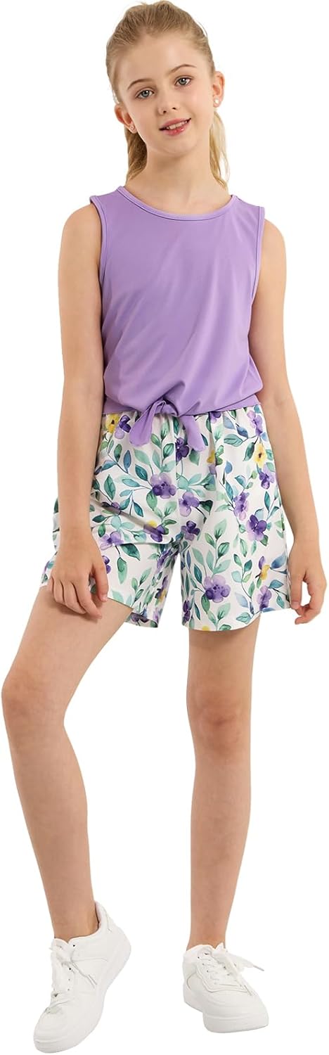 Ochine Girl's 2 Piece Outfits Summer Sleeveless Tie Knot Tank Top and Paperbag Waist Girls Shorts Set Clothes Sets 4-12 Years - Image 5