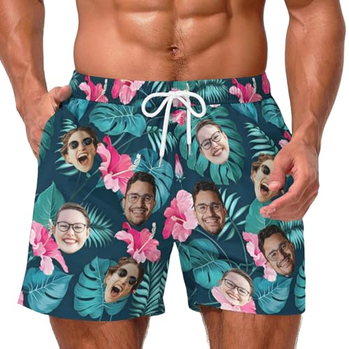 Custom Funny Swim Trunks with Face Personalized Hawaiian Shorts with Your Photo Mesh Lining Shorts with Pocket