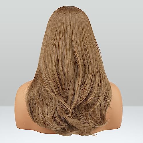 Image of FESHFEN Blonde Wigs with Bangs, Synthetic Natural Looking Mixed Blonde Long Layered Straight Hair Wig for Women Daily Party Use, 18 inch