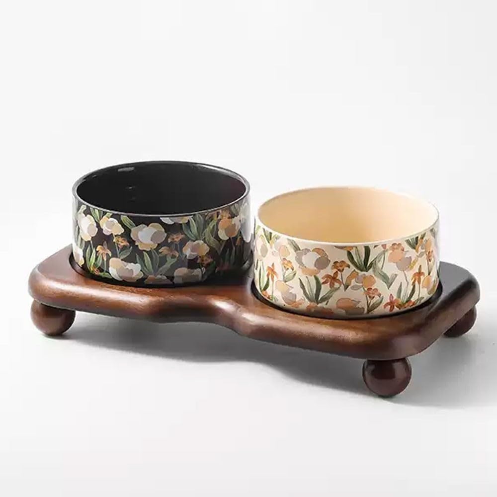Zestaw ceramicznych misek dla kota z drewnianym stojakiem, podwyższonym, antypoślizgowym karmnikiem dla zwierząt