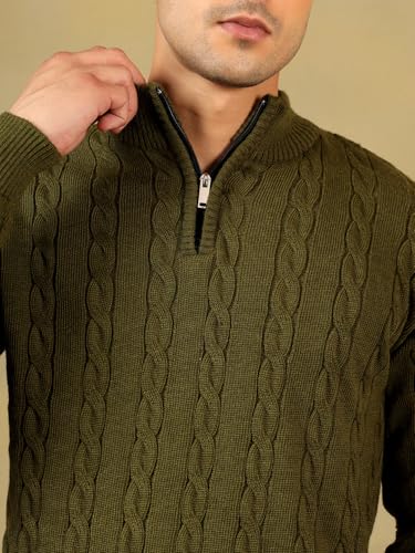 Image of Kvetoo Men's Wool High Neck Zipper Sweater, Full Sleeve Cable Knit Quarter Zip Winter Pullover Olive Size 2XL
