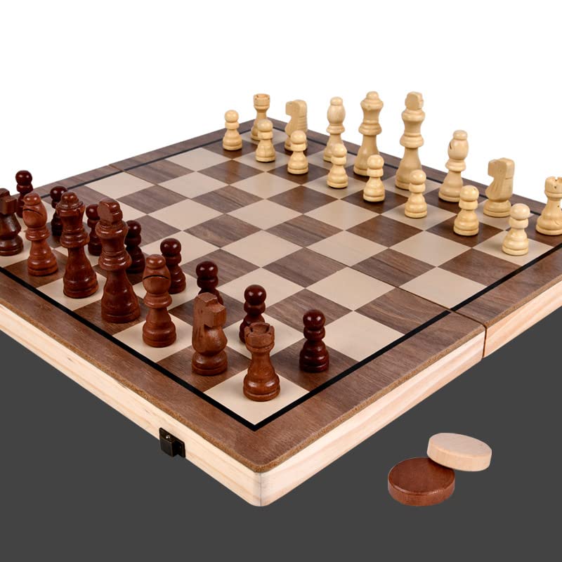 3 su 1 set di scacchi in legno, set di scacchi pieghevole, scacchi in legno, perfetto per i giochi di raccolta familiare, 29 x 29 cm