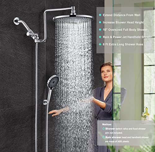 10" Rainfall Shower Head With Handheld Combo, Upgrade 12" Extension Arm Height Adjustable, 3-Way High Pressure Shower Head With Handheld Spray, Brass Shower Holder Extra Long Shower Hose, Chrome #TOP5