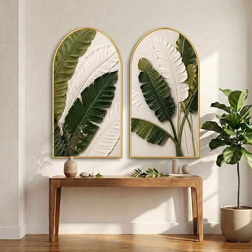 Image of Livin'luxe Set of 2 Tropical Leaf Wall Painting for Living Room, Green Botanical Modern Artwork, PVC Golden Frame, Arch Shape Wall Decor for Bedroom, Hall, Office & Gift (30 x 32 Inch) RPNL-02-115
