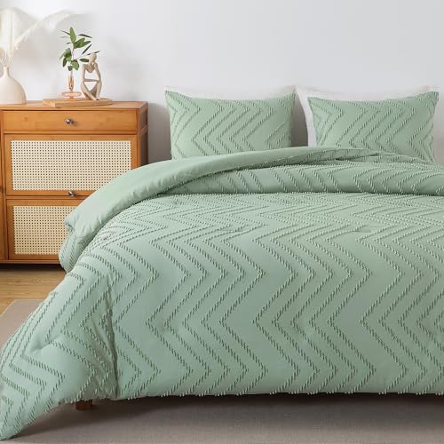 Image of Andency Sage Green Comforter Full, Boho Soft Fluffy Warm Lightweight Bedding Comforter Sets for Full Bed, 3 Pieces Light Green Chevron Tufted Aesthetic Microfiber Lightweight Comforter Set