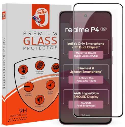 Image of STP FEEL Premium Tempered Glass Screen Protector Guard Compatible For Realme P4 5G (6.77 Inch, Pack of 1) Edge to Edge Coverage With Easy to installation kit for Smartphone