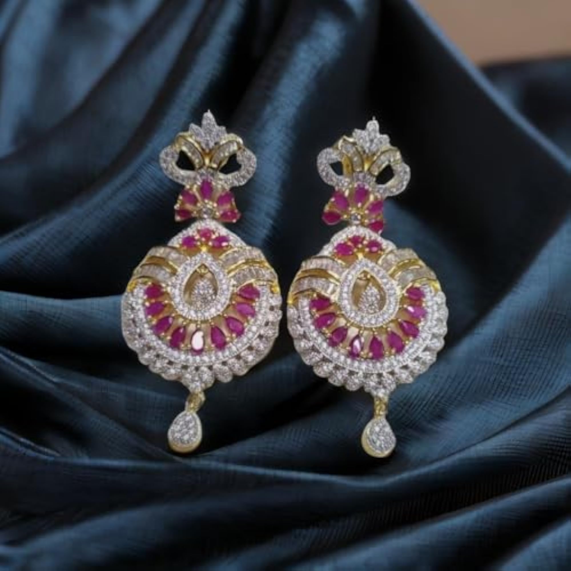 Cubic Zirconia Copper Drop Earrings by Krishna Jewellers