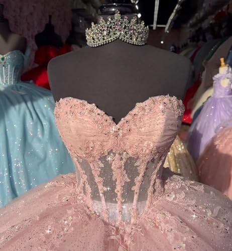 SanLIJIAN Sweetheart Lace Appliques Quinceanera Dresses with Train Glitter Beaded Ball Gown Tiered Prom Dress for Sweet3