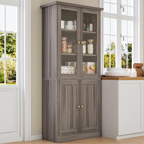 LotaTools 71' Kitchen Pantry Cabinet with Glass Doors, Modern Coffee Bar Storage Cabinet with Adjustable Shelves & Wooden Doors, Freestanding Cupboard for Dining Room or Living Room, Vintage Brown